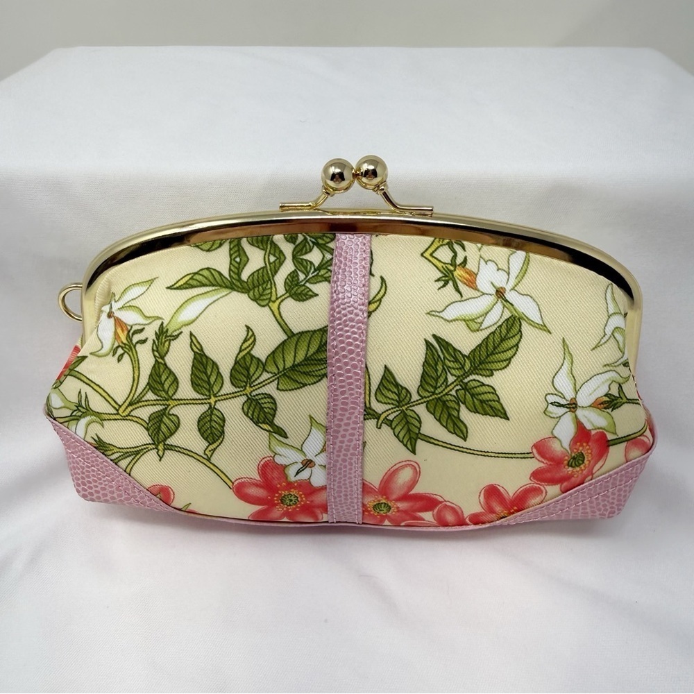 Joan Rivers Beauty Floral Kiss Lock Clutch Pink Gold Frame Evening Makeup Bag